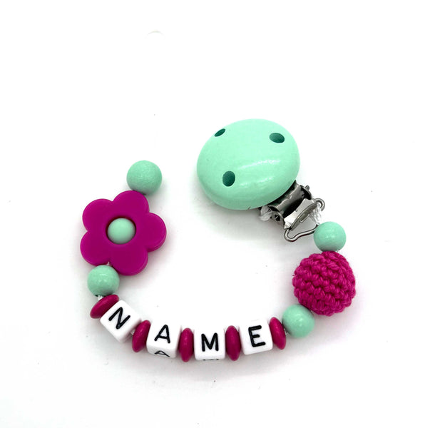 Schnullerkette mit Namen - Silikonblume und Häkelperle
