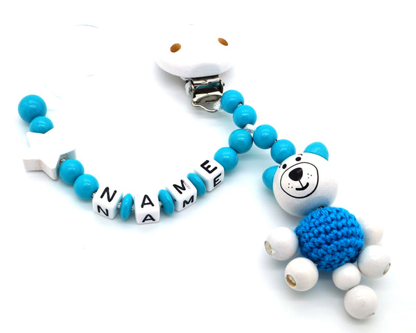 Schnullerkette mit Namen - 3D Häkel Bär