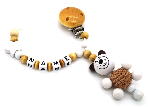 Schnullerkette mit Namen - 3D Häkel Bär