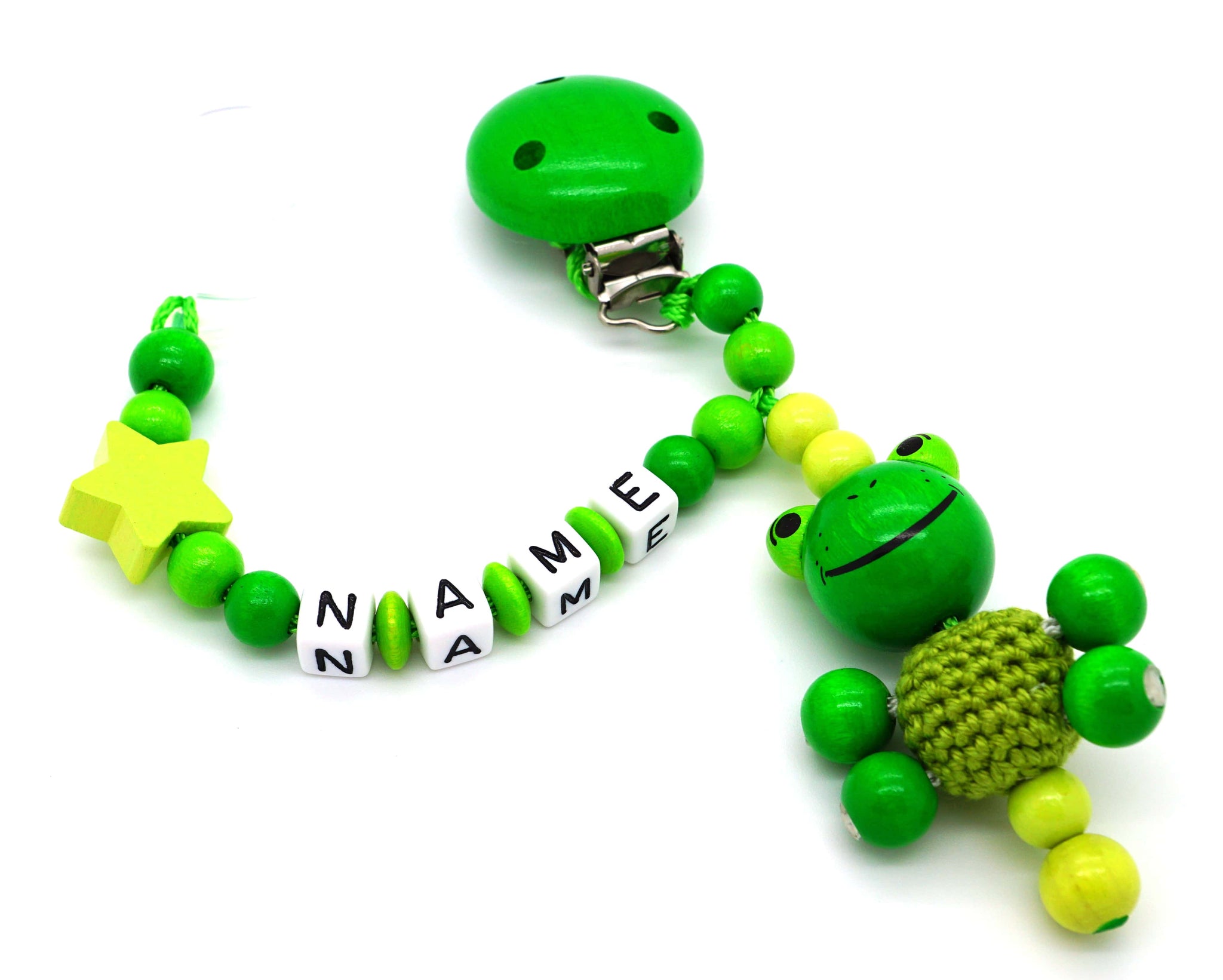 Schnullerkette mit Namen - 3D Häkel Frosch