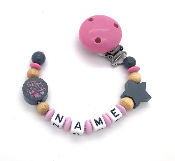 Schnullerkette mit Namen - kleine Schwester