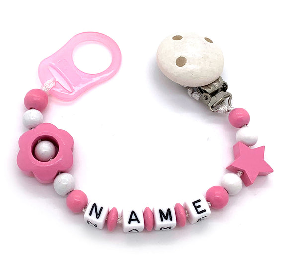 Schnullerkette mit Namen - rosa Blume