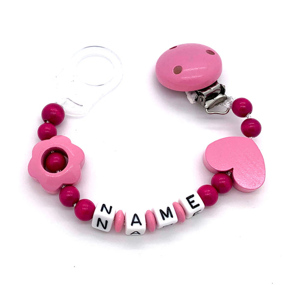 Schnullerkette mit Namen - rosa Blume