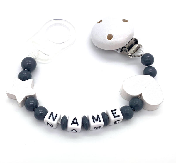 Schnullerkette mit Namen - Herz-Stern-weiß