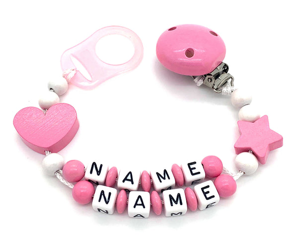 Schnullerkette mit Namen - Herz-Stern-rosa