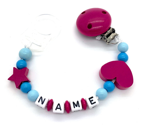 Schnullerkette mit Namen - Herz-Stern-pink