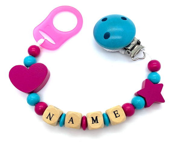 Schnullerkette mit Namen - Herz-Stern-pink