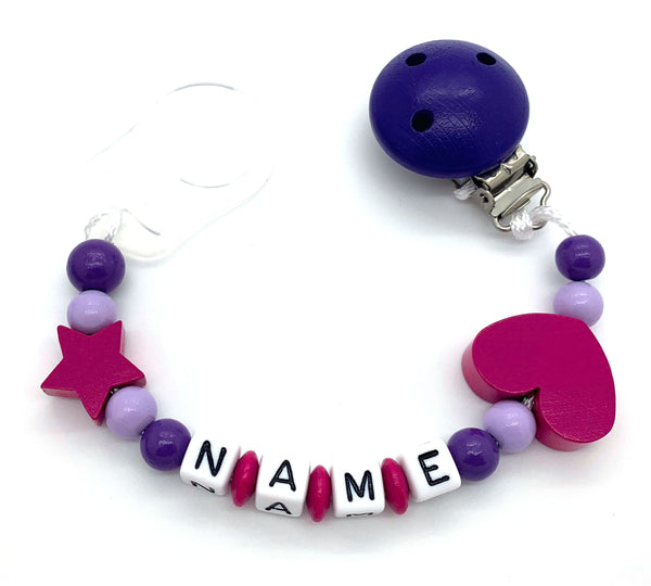 Schnullerkette mit Namen - Herz-Stern-pink