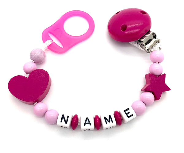 Schnullerkette mit Namen - Herz-Stern-pink
