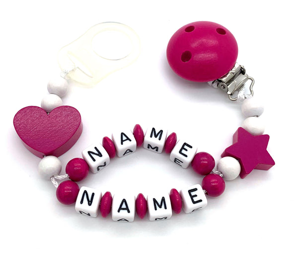 Schnullerkette mit Namen - Herz-Stern-pink