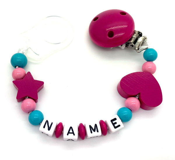 Schnullerkette mit Namen - Herz-Stern-pink