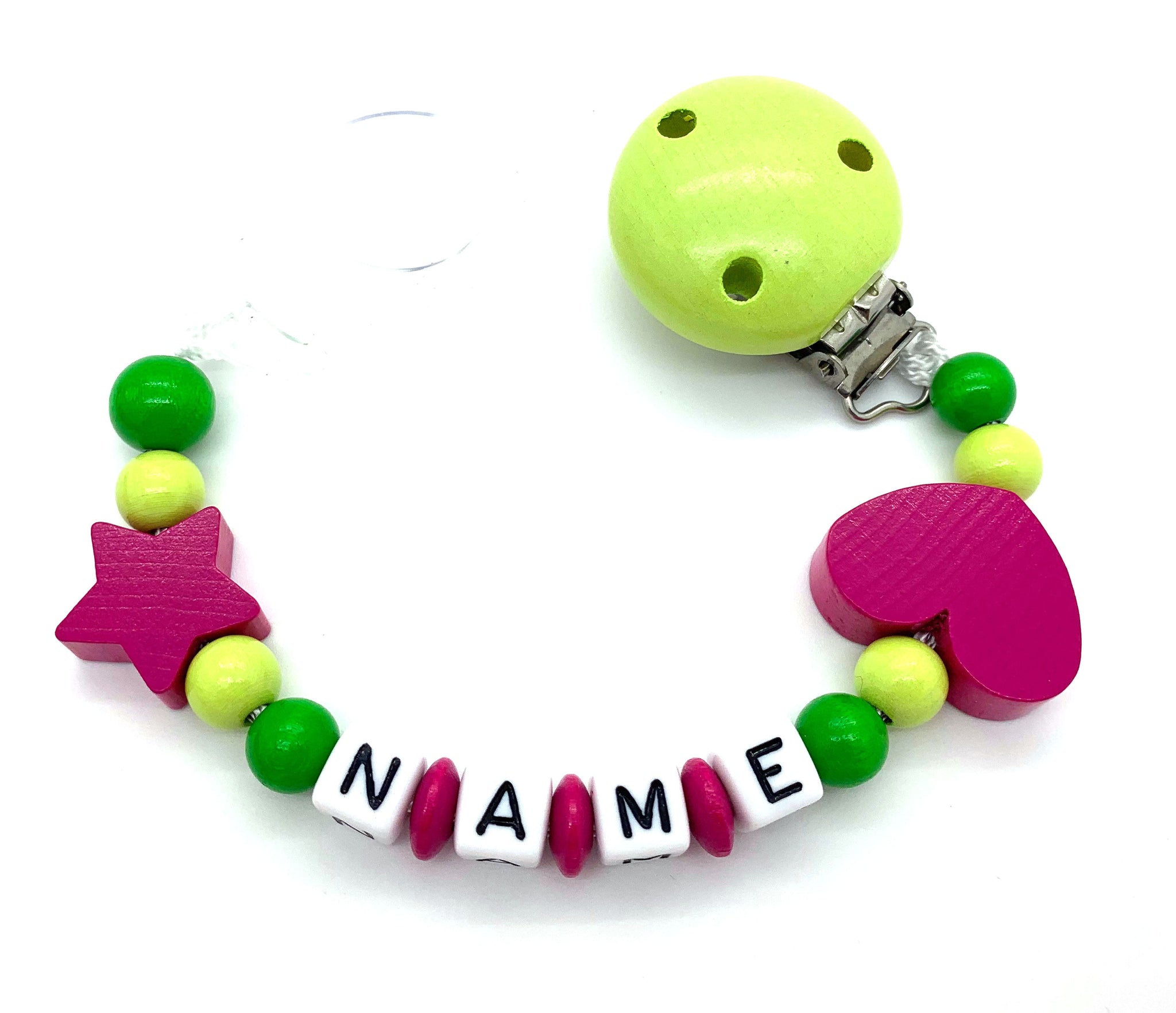Schnullerkette mit Namen - Herz-Stern-pink
