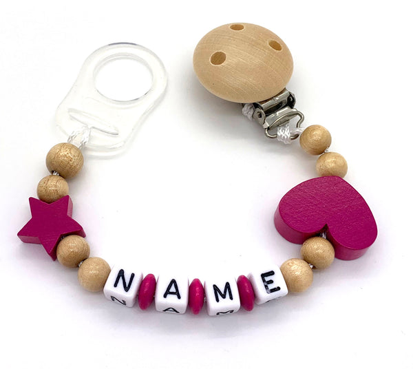 Schnullerkette mit Namen - Herz-Stern-pink