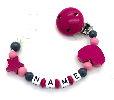 Schnullerkette mit Namen - Herz-Stern-pink