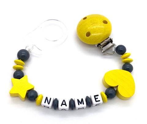 Schnullerkette mit Namen - Herz-Stern-gelb