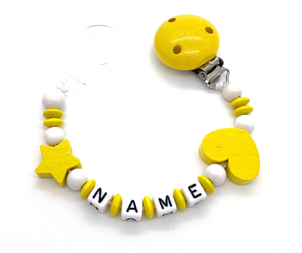 Schnullerkette mit Namen - Herz-Stern-gelb
