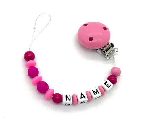 Schnullerkette mit Namen - Silikonperlen und Linsen
