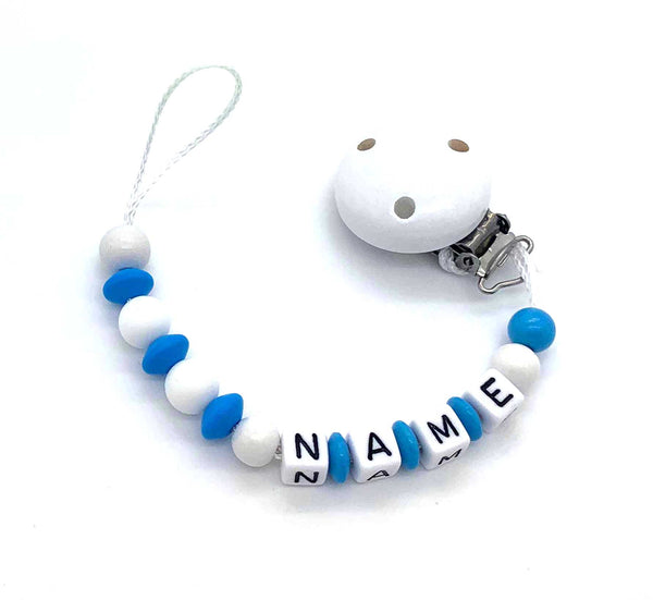 Schnullerkette mit Namen - Silikonperlen und Linsen