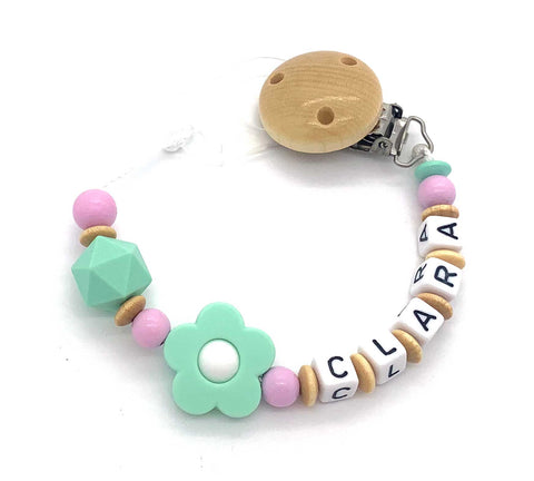 Schnullerkette mit Namen - Silikonblume